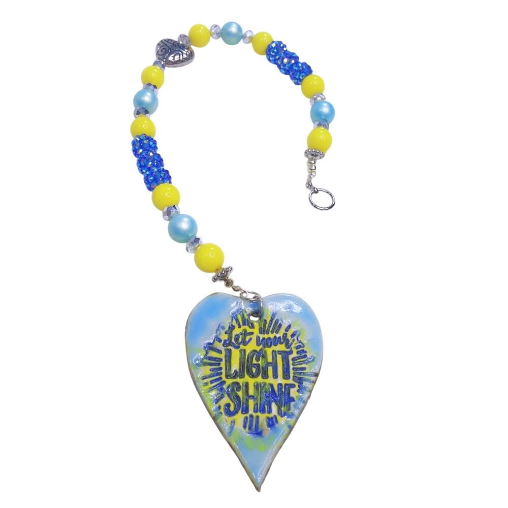 Artisan Ceramic Heart Beaded Suncatcher Let Your Light Shine Yellow Blue Inspire